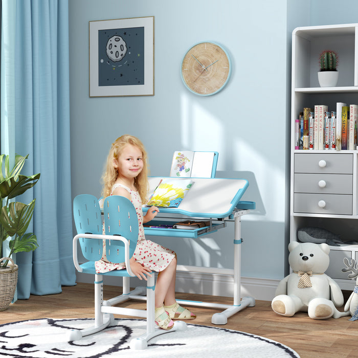 Qaba Ensemble Bureau Et Chaises Pour Enfants, Table D'etude Et Chaises Reglables En Hauteur Avec Bureau Inclinable, Grand Tableau D'ecriture, Support De Livre Pour 3 A 12 Ans, Bleu