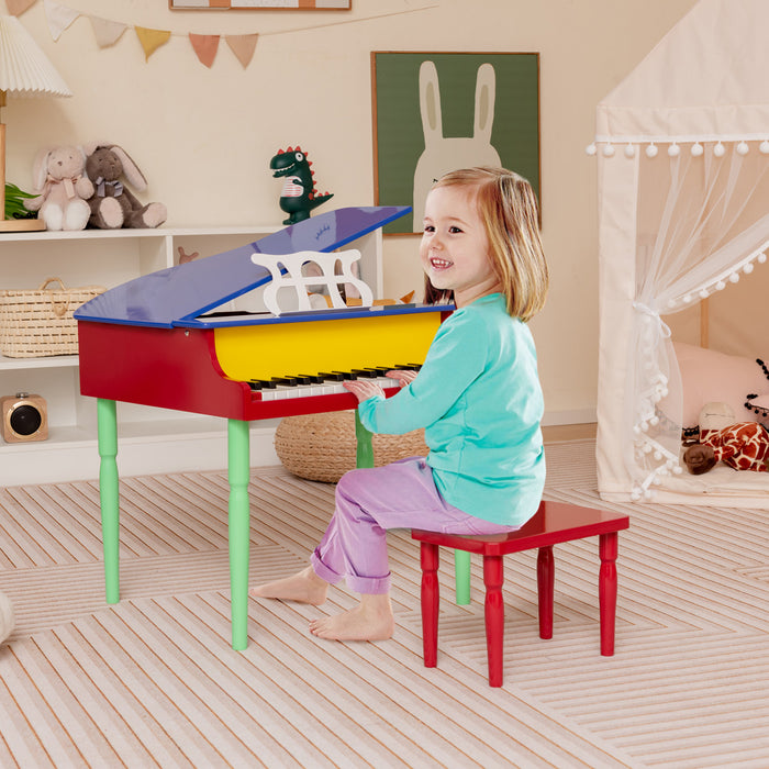 Costway Piano a Queue Classique Bebe 30 Touches, Jouet en Bois pour Bout de Chou avec Banc et Porte-Partition - Multicolore