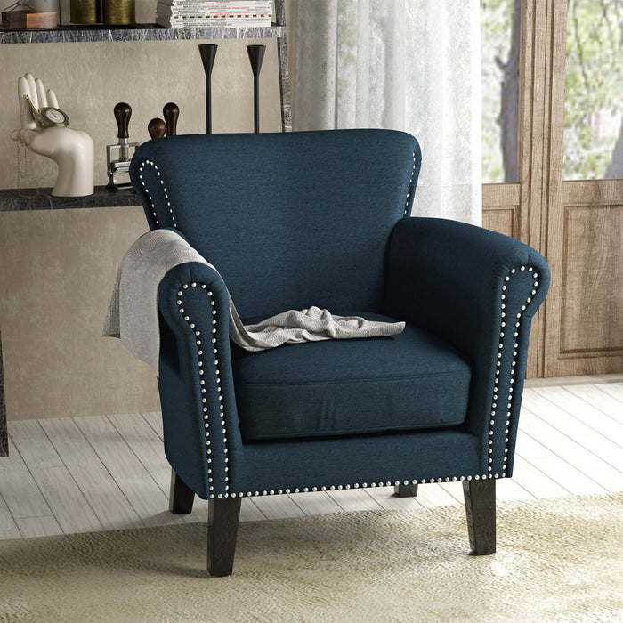 Chaise Mason En Tissu Avec Pieds En Bois Et Finition Cloutée - Bleu Marine