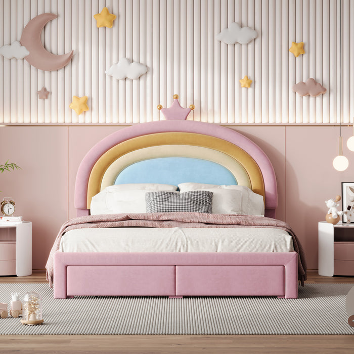 Lit Princesse Arc-en-ciel Maggie Tapisse Avec Tiroir De Rangement Et Cadre Plateforme En Velours, Taille Full, Rose