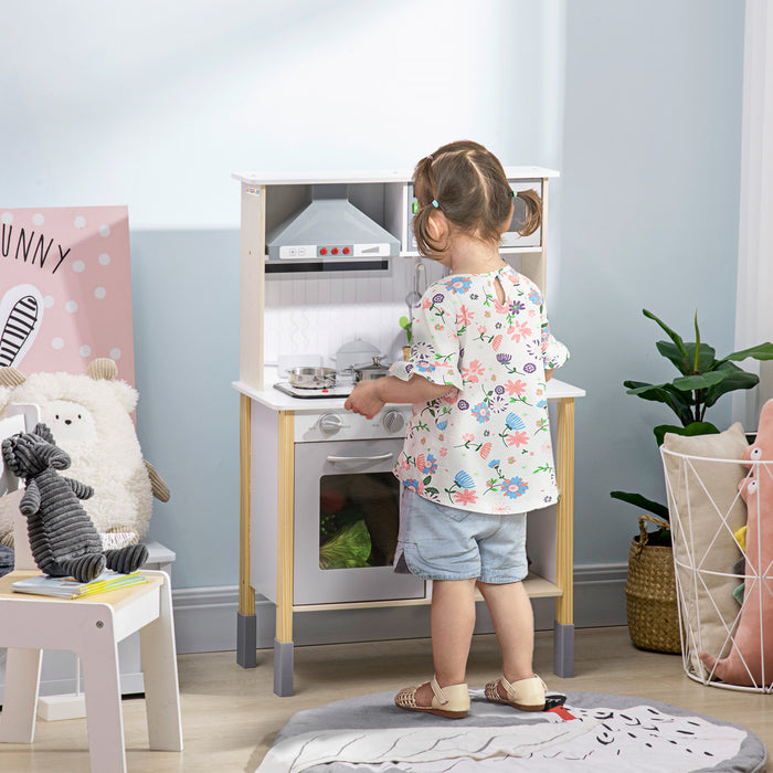 Qaba Jeu De Cuisine En Bois Avec Sons Et Lumieres Realistes, Jeu De Cuisine Pour Enfants A Hauteur Reglable Avec Micro-ondes, Hotte Aspirante, Accessoires De Cuisine, Cadeau Pour Les 3-6 Ans, Blanc.