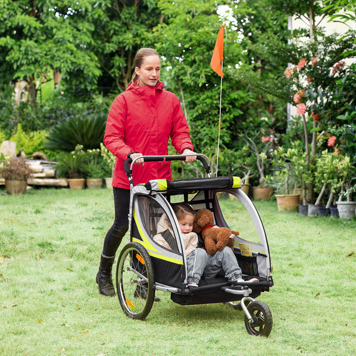 Aosom Remorque Velo Enfant 2 En 1, Poussette Bebe Avec Frein, Sac De Rangement, Drapeau De Securite, Reflecteurs Et Harnais 5 Points, Jaune