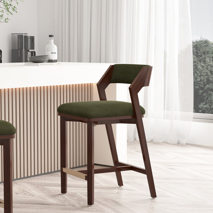 Tabouret de comptoir moderne en bois Patricia avec revetement en tissu vert tortue