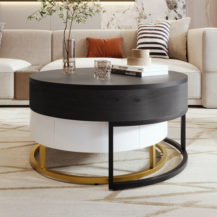 Table Basse Gigogne Ronde Sherry De 31,5\" En Bois Composite Avec Plateau Relevable Et Tiroirs, Noire