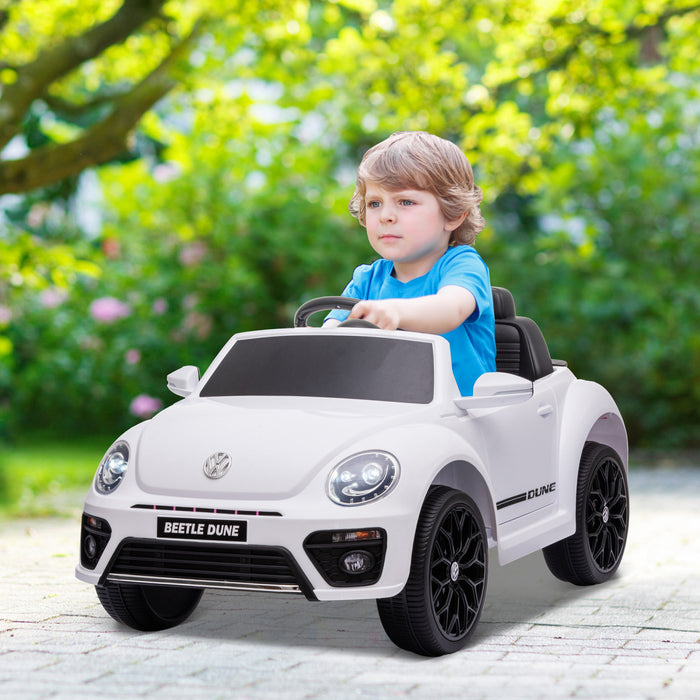 Qaba Voiture Electrique Pour Enfants 12 V, Volkswagen Beetle, Voiture Pour Enfants Alimentee Par Batterie Avec Telecommande, 4 Roues A Suspension A Ressort, Musique, Klaxon, Blanc