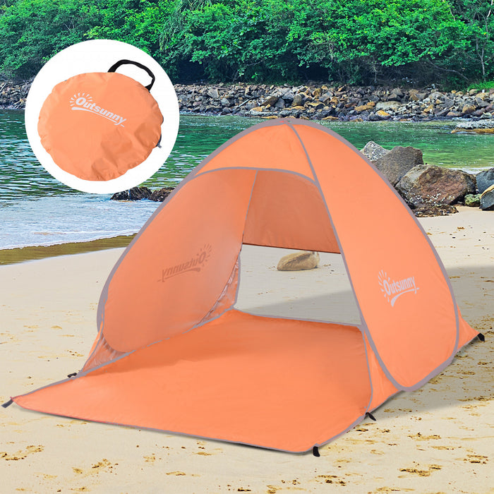 Abri De Plage Tente De Plage Pliable Pop-up Automatique Instantane Protection Uv Fenetre Arriere Grand Tapis De Sol Orange