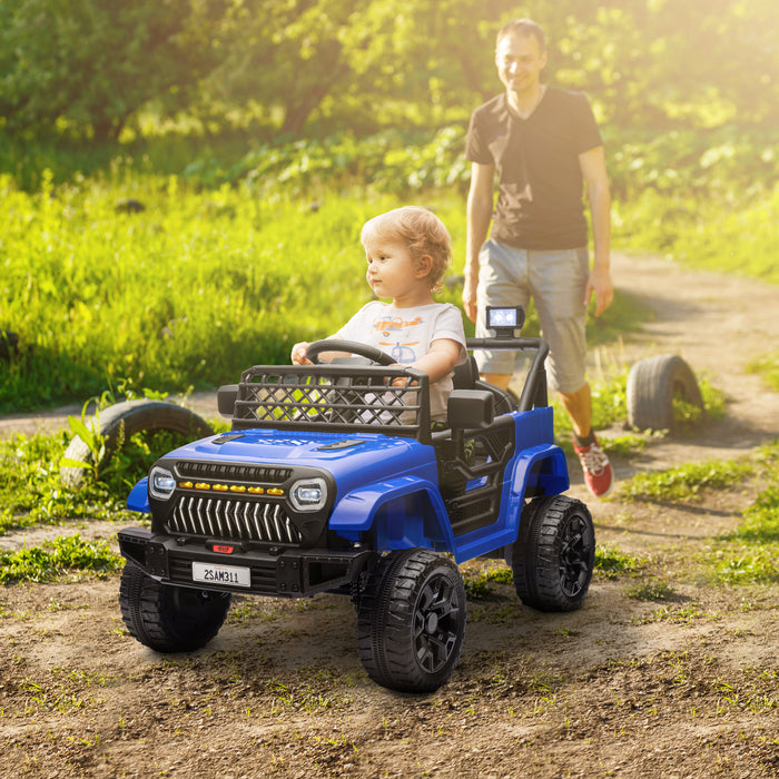 Qaba Voiture Electrique 12 V Alimente Par Batterie Pour Enfants Avec Telecommande, Suspension A Ressort, 3 Vitesses, Klaxon Musical Usb, Phares Led, Bleu Fonce