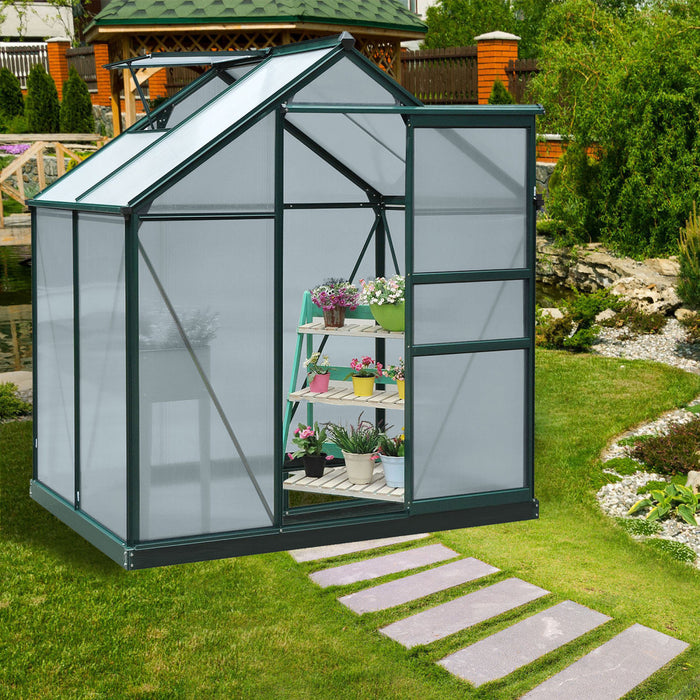 Outsunny Serre De Jardin Aluminium Polycarbonate 6.2' X 4.3' X 6.6' Lucarne, Porte Coulissante + Fondation Incluse Alu. Vert Polycarbonate Transparent