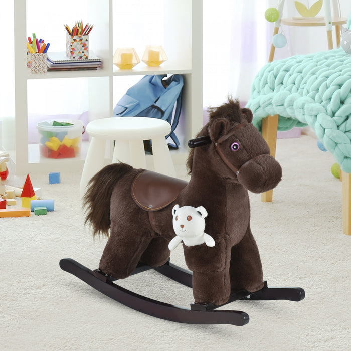 Qaba Kids Cheval A Bascule En Peluche Avec Ours, Chaise Pour Enfants Avec Peluche Douce Et Sons Realistes Amusants, Marron