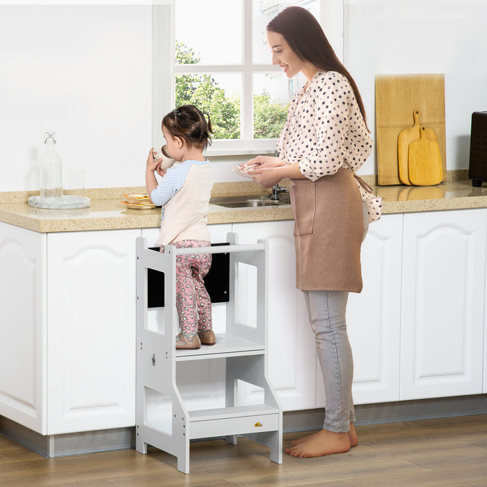 Qaba Escabeau De Cuisine 2 En 1 Pour Enfants, Escabeau Pour Tout-petits Avec Rail De Securite, Tableau Noir Pour Cuisine, Salle De Bain, Chambre, Gris