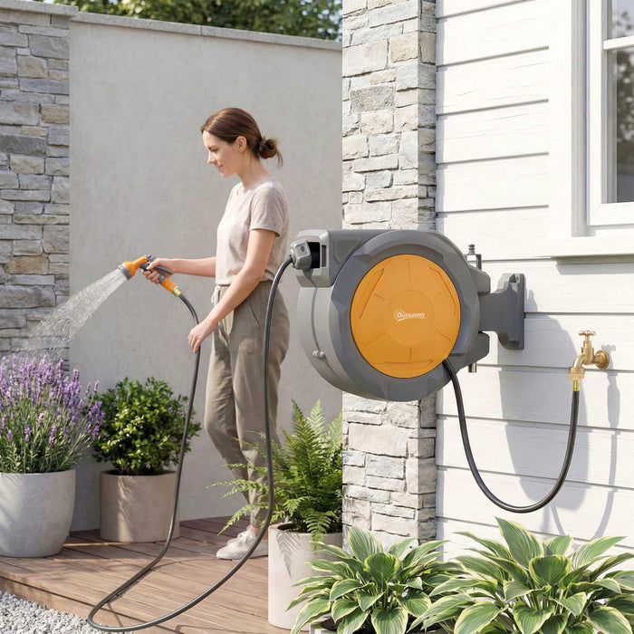 Devidoir retractable Outsunny, tuyau d'arrosage 1/2\" x 30 m, orange