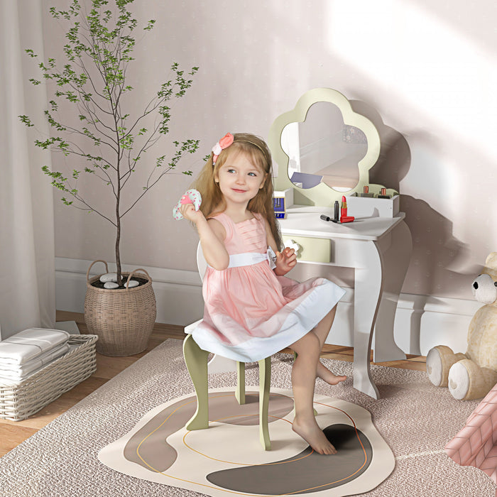 Qaba Coiffeuse Pour Enfants Avec Miroir Et Tabouret, Coiffeuse Pour Filles Avec Tiroir, Boites De Rangement, Vanite De Maquillage Au Design Floral, Pour 3 A 6 Ans, Blanc