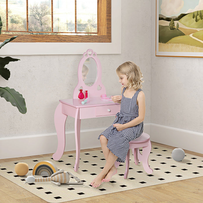Qaba Ensemble De Coiffeuse Pour Enfants Avec Miroir Et Tabouret, Rose