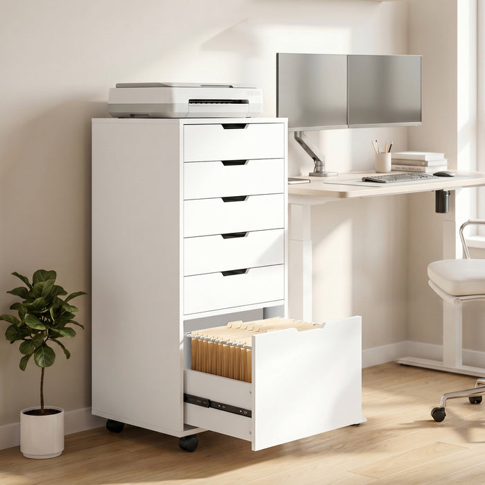 HOMCOM Classeur vertical 5 tiroirs avec roulettes verrouillables, blanc