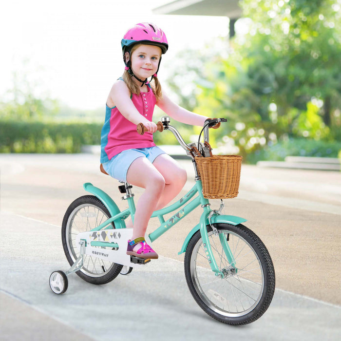 Costway 18\" Velo Pour Enfants Avec Guidon Reglable En Hauteur Siege Panier Cloche Roues D'entrainement Vert