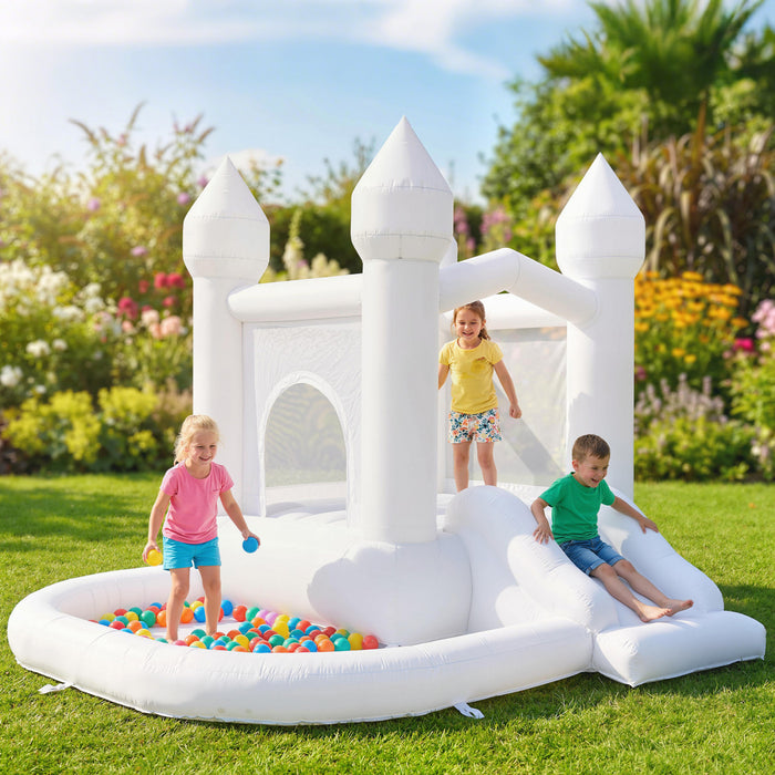 Chateau gonflable Qaba tout blanc avec toboggan et piscine a balles, blanc