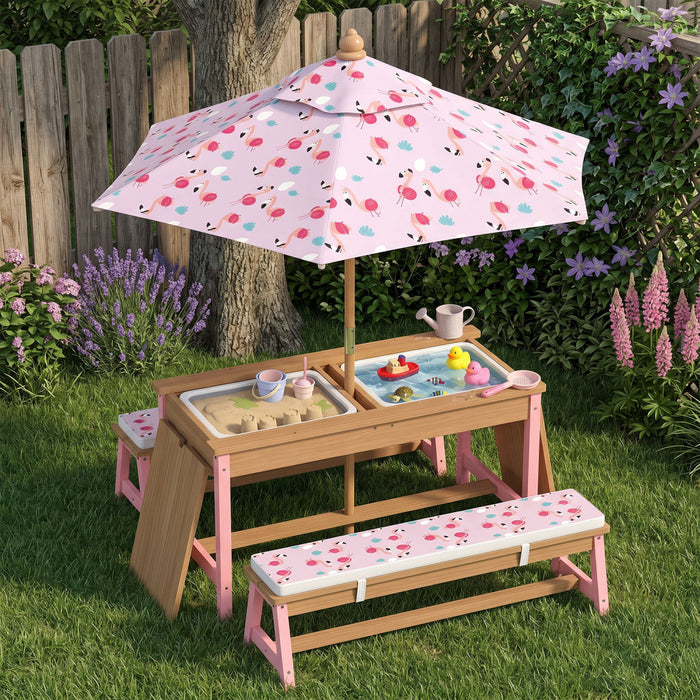 Qaba Table de Pique-Nique Enfant, Ensemble Exterieur en Bois avec Parasol Rose