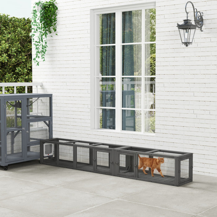 PawHut Tunnel pour Chat, Enclos Exterieur avec Design Combinable, 8 Portes, 98\", Jouet pour Chat, Maison, Fenetre, Cage, Gris Fonce