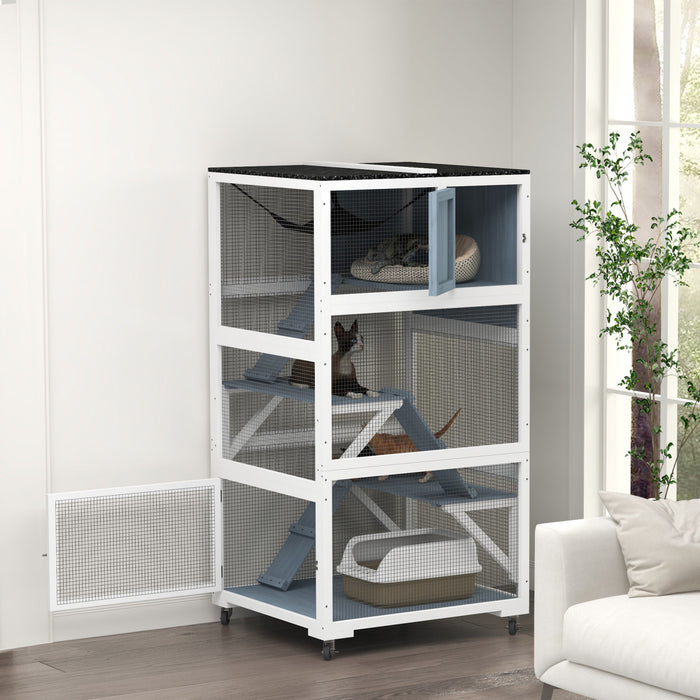 Pawhut Catio 34\" L Maison De Chat Exterieure Sur Roues Avec Hamac De Toit Resistant Aux Intemperies Plusieurs Plates-formes De Repos Rampes De Condo Portes Verrouillables, Pour 1-3 Chats, Gris