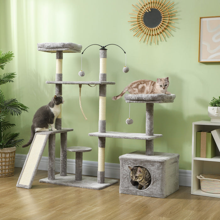 Pawhut Arbre A Chat De 53\", Tour A Plusieurs Niveaux Pour Chats D'interieur Avec Griffoirs En Sisal, Lits, Plates-formes, Rampe, Centre D'activite Pour Chat, Gris Clair
