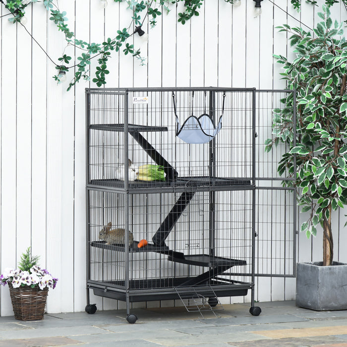 Cage Pour Hamsters Souris Petits Rongeurs Multifonction 4 Plateformes 3 Rampes 4 Portes Dim. 80l X 52l X 128h Cm Metal Gris Argente Noir