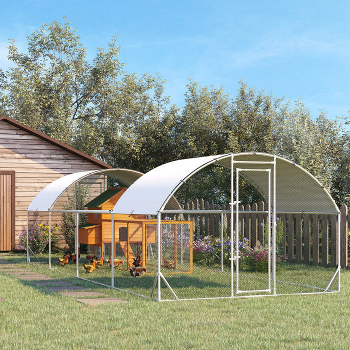 Pawhut Poulailler En Metal, 24.9' X 9.2' Avec Couverture Impermeable Et Anti-uv, Porte Pour 20-24 Poulets, Canards, Lapins, Argente