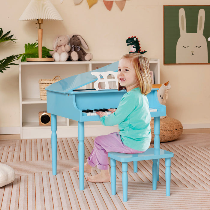 Costway Piano a Queue Classique Bebe 30 Touches, Jouet en Bois pour Bout de Chou avec Banc et Porte-Partition - Bleu