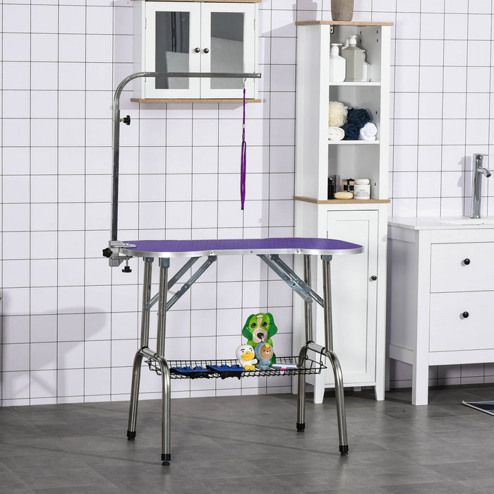 Pawhut Table De Toilettage Pliable Pour Animaux De Compagnie Table De Sechage Pour Chiens Bras Reglable Plateau De Table En Caoutchouc Antiderapant Bord En Alliage D'aluminium Violet
