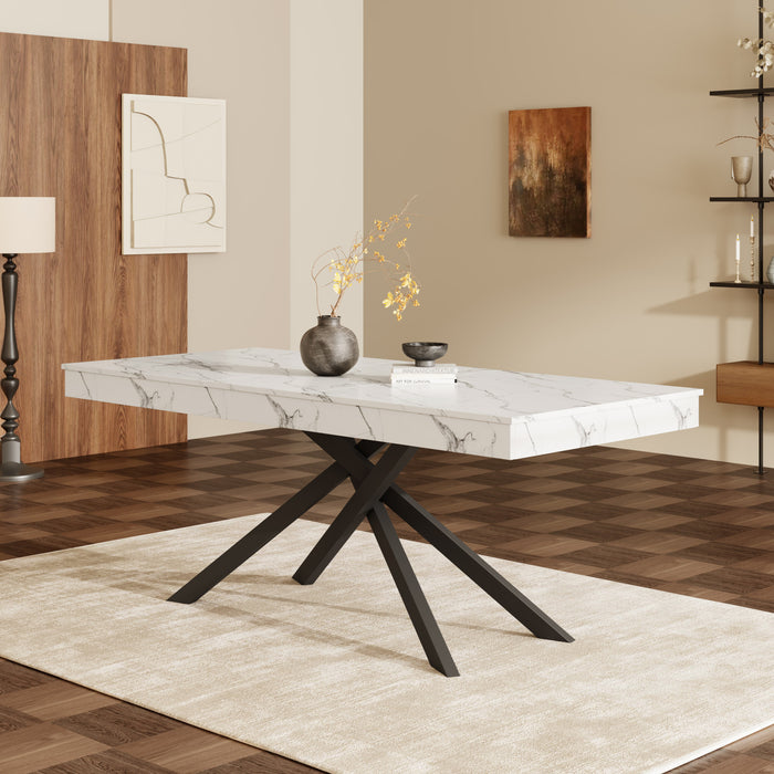 FlexDine Table a Manger Rectangulaire Extensible 55-71 po avec Pieds Croises et Finition Effet Marbre, Marbre Blanc
