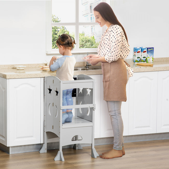 Qaba Tour D'apprentissage Tour D'observation Pour Enfants De 3 A 6 Ans Avec Tableau Noir Style Moderne Et Elegant Materiau En Mdf Solide Pour Cuisine Toilettes Salle A Manger Gris