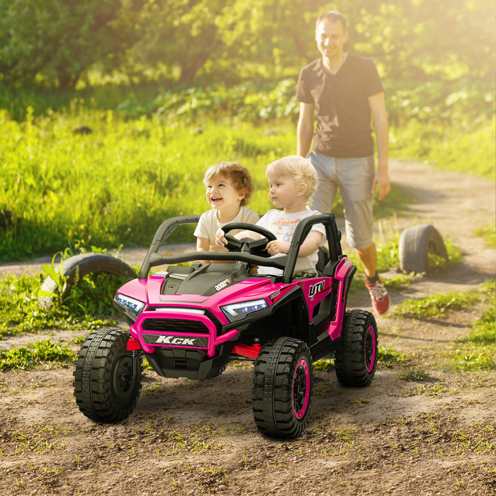 Qaba Vus 2 Places, Voiture Electrique 24 V 7 Ah Pour Enfants Avec Suspension A Ressort, Telecommande, 3 Vitesses, Lumieres Led, Lecteur Mp3, Klaxon, Musique, Rose