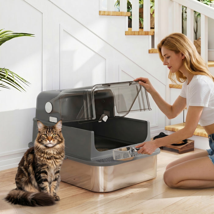 PawHut Bac a litiere XXL en acier inoxydable avec couvercle pour grands chats, noir