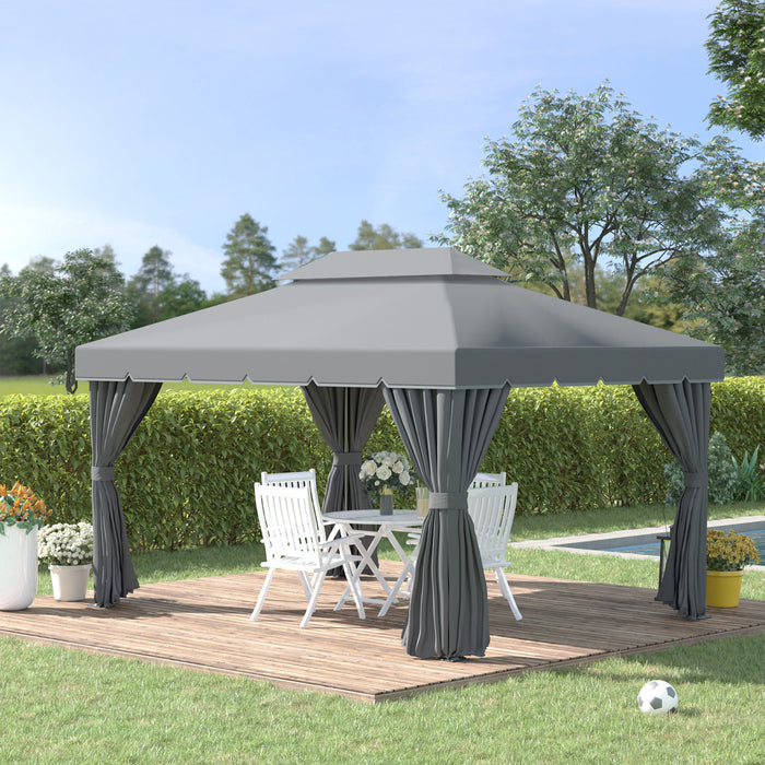 Outsunny 13' X 10' Tonnelle De Terrasse Exterieure Avec Double Toit En Polyester, Parois Laterales En Maille Ventilee Et Cadre En Aluminium Solide, Gris Fonce
