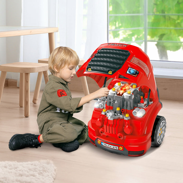Qaba Bloc Moteur De Voiture 61 Pieces Jouet Educatif Pour Enfants 3-5 Ans Vehicule Reparation Effet Sonores Et Lumineux Boite De Rangement Incluse Pp Abs 15.75\" X 15.25\" X 18.5\" Rouge