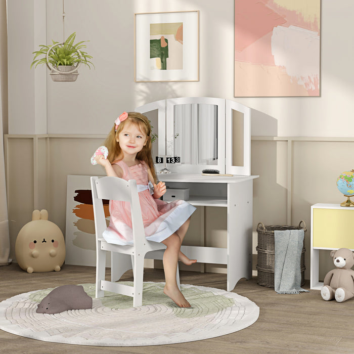 Qaba Ensemble De Vanite Pour Enfants, Coiffeuse De Maquillage Avec Miroir