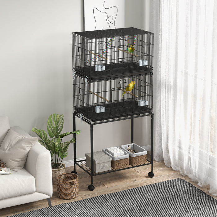 Double Cage A Oiseaux Empilable Sur Roulettes Avec Support