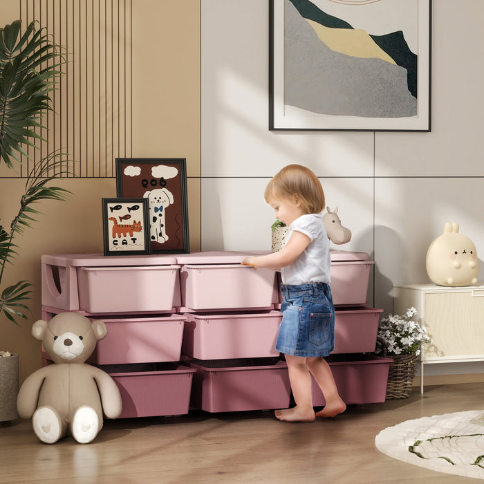 Qaba Organiseur De Jouets A 3 Niveaux Avec 9 Bacs De Rangement, Rose