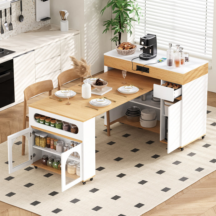 Table a manger extensible Avery avec ilot de cuisine roulant, blanc