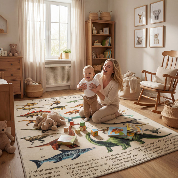 Grand tapis de jeu Qaba, 200 x 150 cm, tapis educatif en polyester antiderapant pour bebe, tapis de ramper pour chambre et salon avec motif dinosaure, kaki