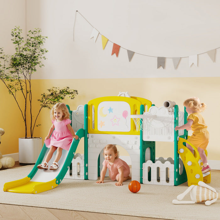 Toboggan pour tout-petits Qaba, ensemble 7-en-1 avec grimpeur, panier de basket, jaune