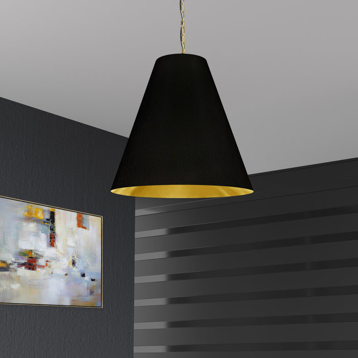 Grand luminaire suspendu Anaya de Dainolite avec abat-jour noir et doré, fini laiton vieilli et 1 ampoule