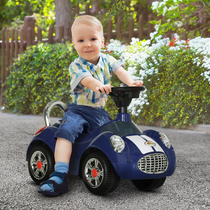Qaba Voiture Bebe, Voiture A Pousser Pour 1 A 3 Ans Avec Musique, Klaxon, Lumiere, Voiture Coulissante Du Pied Au Sol Pour Les Tout-petits, Bleu Fonce