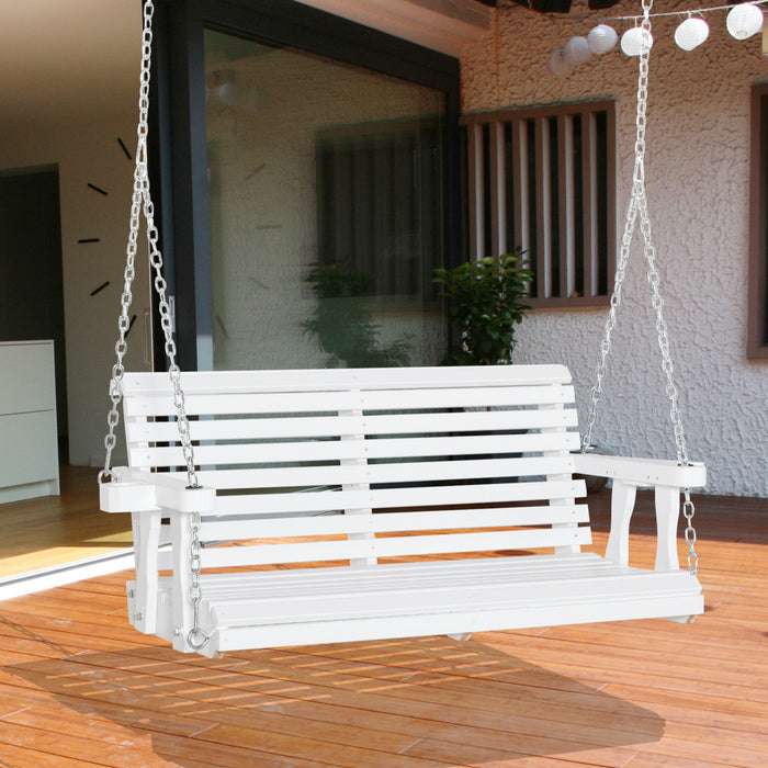 Outsunny 46\" Porch Swing Bench Pour 2 Personnes Avec 2 Porte-gobelets Integres, Design A Lattes, Chaines Incluses, Capacite De Charge De 550lb, Blanc.