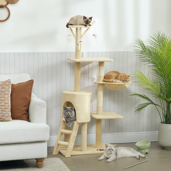 Arbre a chat PawHut, tour de 135 cm pour chatons d'interieur avec poteaux a griffer en sisal, perchoirs moelleux, niche, hamac, echelle, jouets suspendus, centre d'activites a plusieurs niveaux, beige