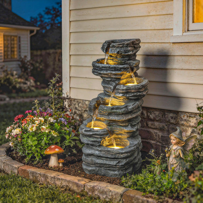 Fontaine d'Exterieur Outsunny a 6 Niveaux, Cascade avec Lumieres LED