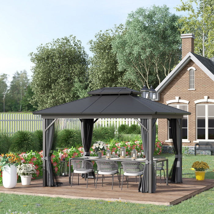 Outsunny 10' X 12' Tonnelle De Jardin Acier Hardtop Gazebo Jardin Abri Soleil Avec Moustiquaire Et Rideaux Crochet De Suspension Cadre En Aluminium Noir