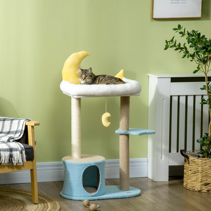 Pawhut 41\" Arbre A Chat Pour Chats D'interieur Avec Maison Et Lit En Peluche Polaire, Tour Pour Chaton Avec Griffoir, Jouet Suspendu En Forme De Lune, Plate-forme Etoile, Bleu