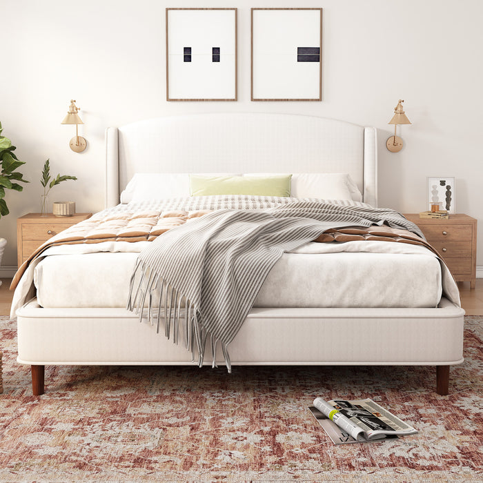 Lit Ellison a Plateforme Rembourre en Tissu avec Tete de Lit Ailes et Lattes en Bois, Taille King - Beige