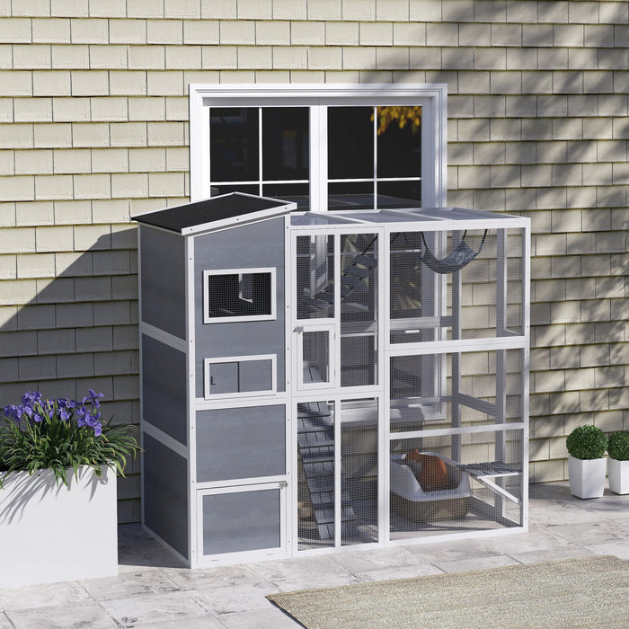 Pawhut Catio Enclos D'exterieur Pour Chat, 76\" De Long, Grande Maison Resistante Aux Intemperies Avec Plates-formes De Saut, Echelle, Rampes, Hamac Pour 2-3 Chats, Gris