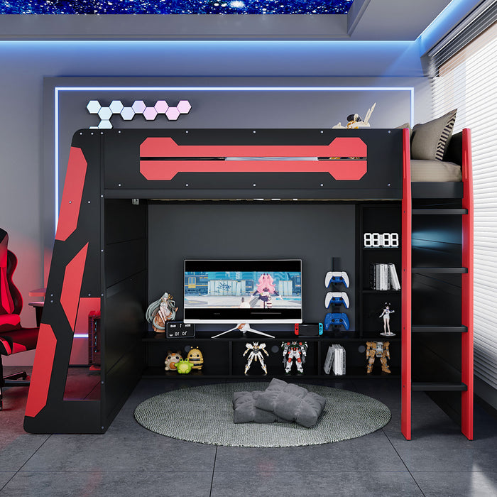 Olivia Lit mezzanine en bois avec bureau et etageres de rangement multiples, Lumiere RGB, Rouge
